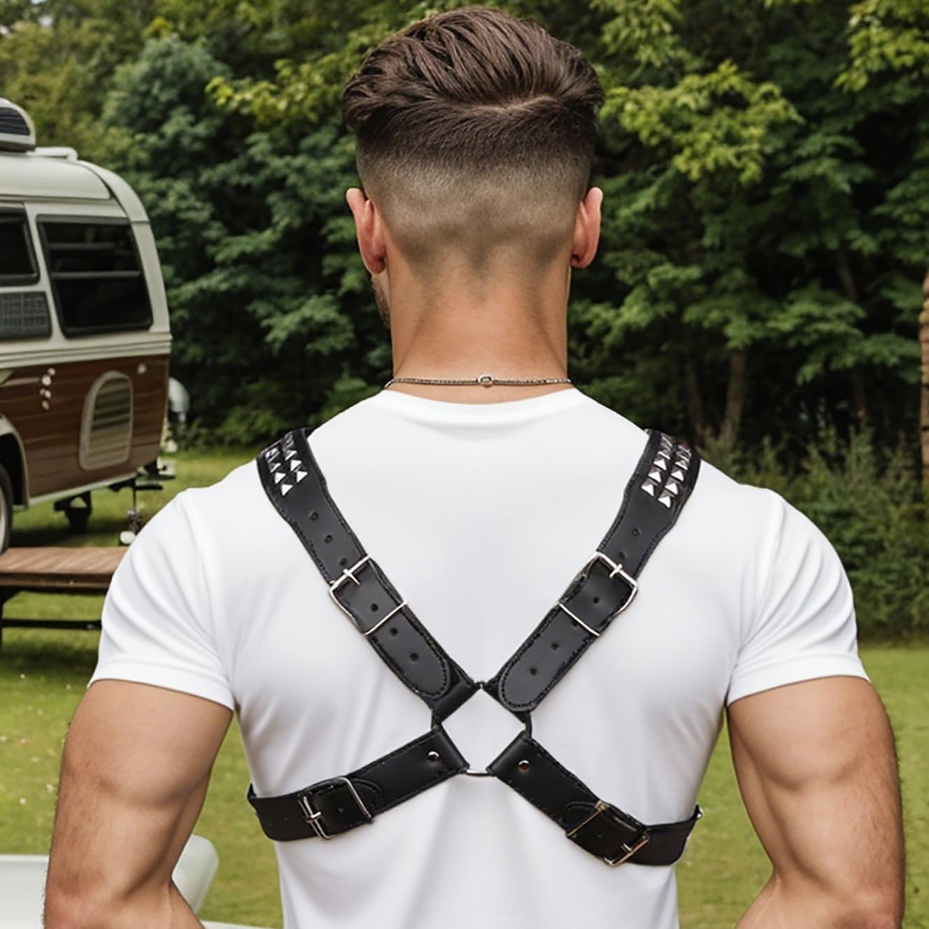 Men's X-Strap Chest Harness with Rivets, Adjustable PU Leather Body Harness Belt for Punk Cosplay, Muscle Show Clubwear Nightclub Stage Party Outfits X023 - Image 2