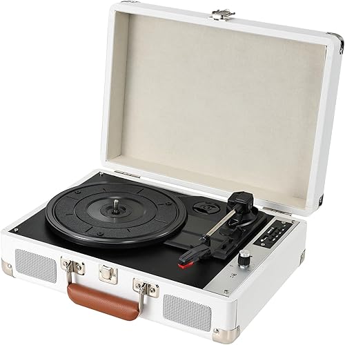 Hododou Vinyl Record Player Portable Suitcase Turntables Bluetooth 3-Speed USB Recording Built-in Speakers Belt-Driven LP Player Support AUX-in RCA Line Out Headphone Jack Audio Sound White