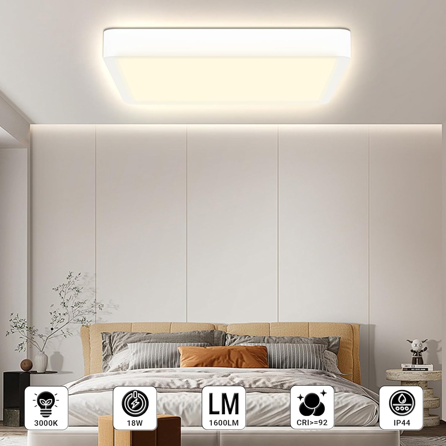 LQWELL LED Ceiling Light in a bedroom with icons indicating 3000K, 18W, 1600LM, CRI>=92, and IP44.