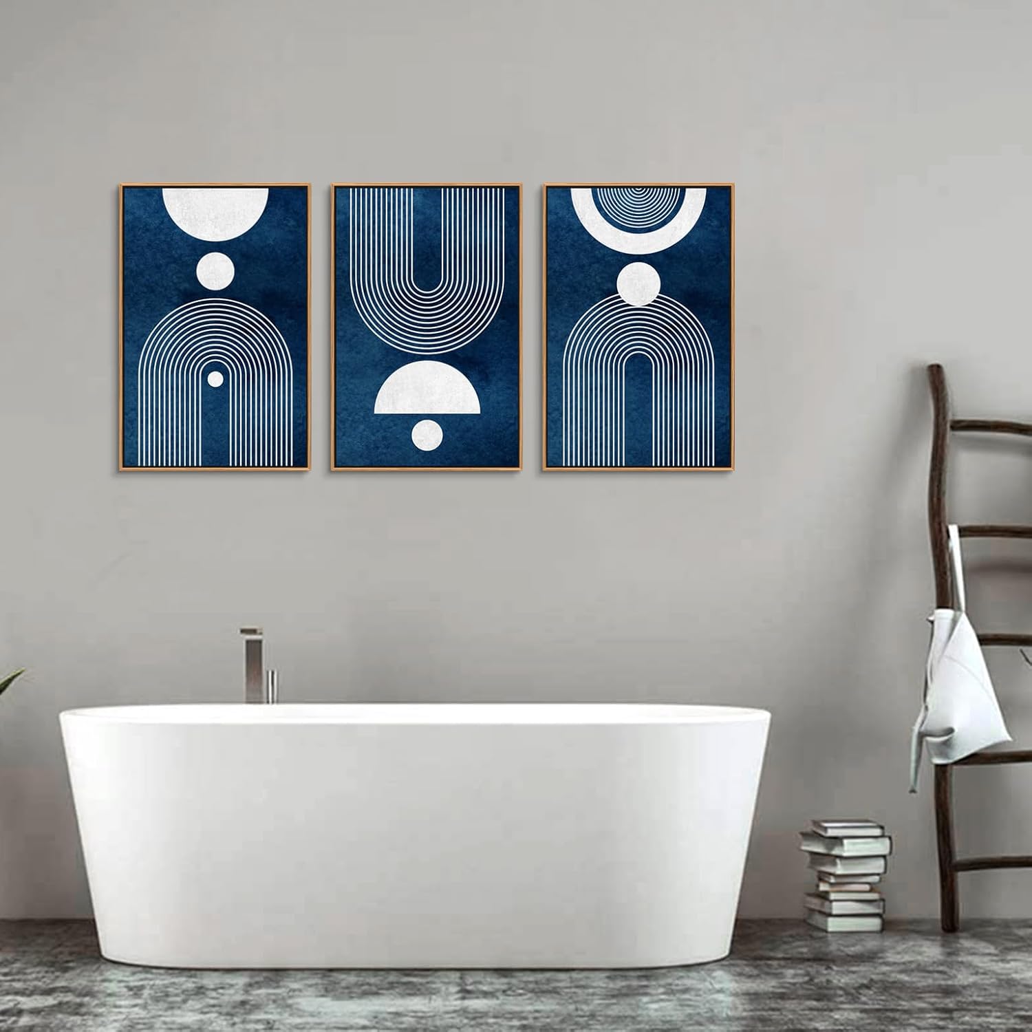 Framed Boho Canvas Wall Art - Mid Century Modern Geometric Pictures Prints Blue and White Minimalist Artwork Bohemian Wall Art for Bedroom Living Room Bathroom Office Decor 16" x 24" x 3 Piece Set