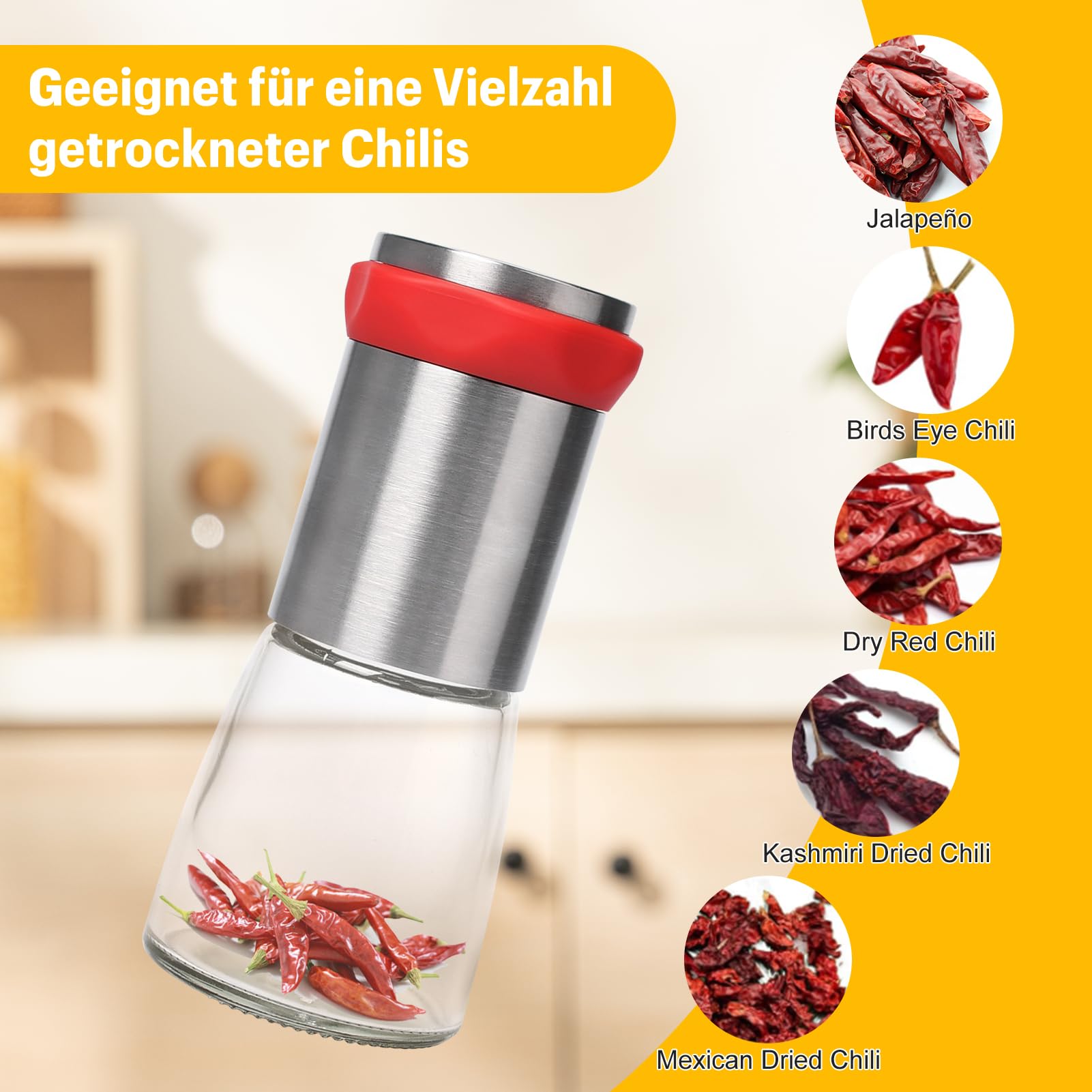 Chilimühle Edelstahl & Glas,Chilischneider für Getrocknete Chilis und Grobe Gewürze,Gewürzschneider Schneidwerk set mit Schneideklinge,für viele Paprikasorten geeignet