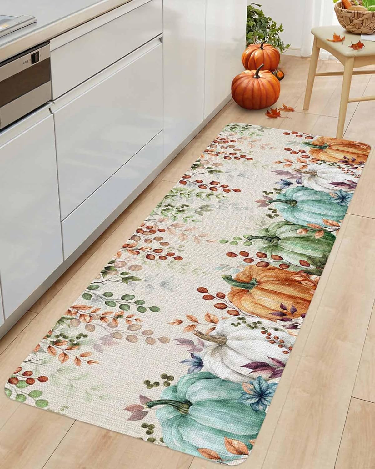 Fall Kitchen Rugs Set of 2 Harvest Pumpkin Kitchen Rug and Mats Set Non Slip Floor Mats for Sink Laundry Green Eucalyptus Leaf Thanksgiving Decorative Doormat Absorbent Runner Rug 18"x 30"+18"x 47"