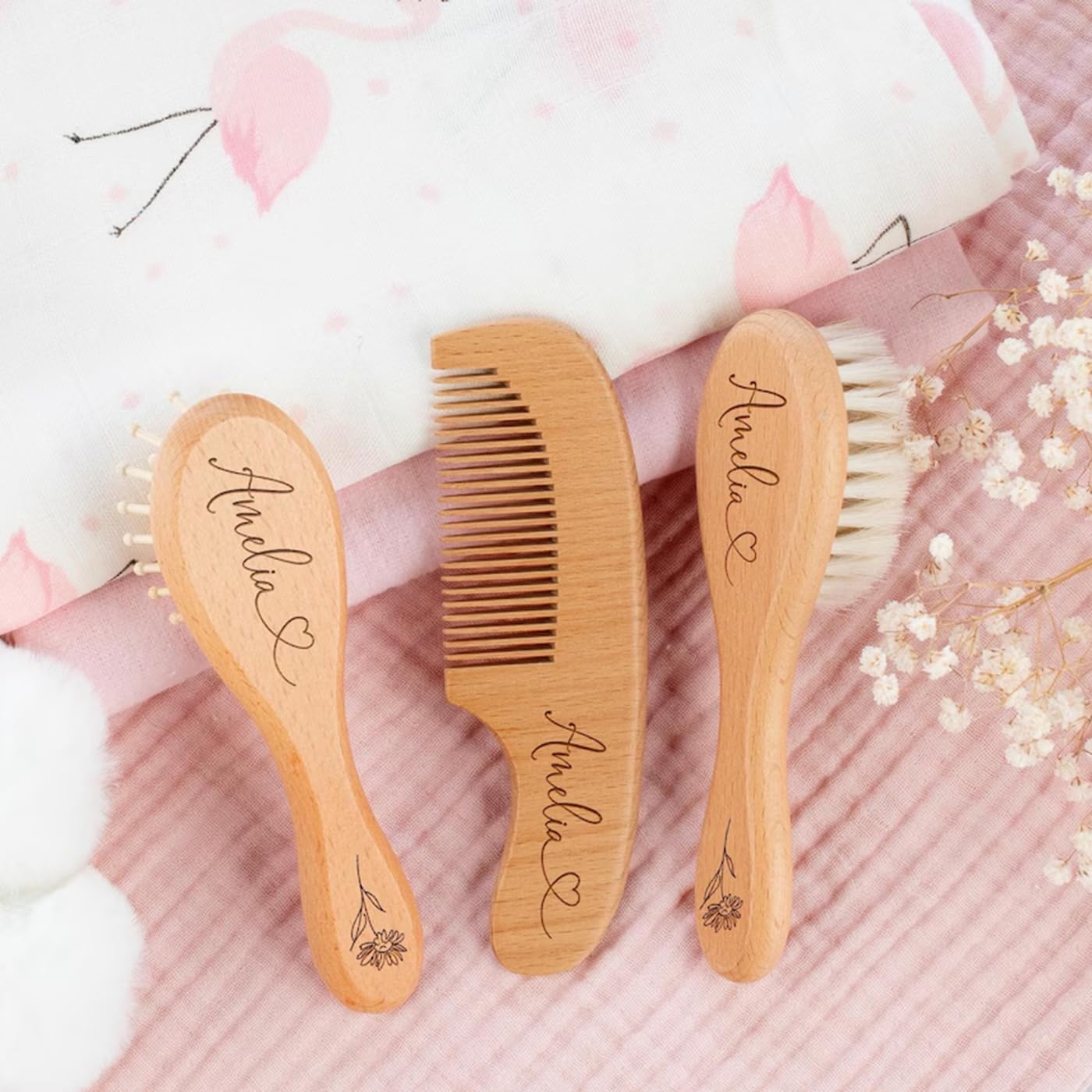 Personalized Baby Brush and Comb Set, Wooden Baby Hairbrush, Engraved Name Brush, Baby Shower, New Mom Gift, Newborn Gift (3-Piece Set)