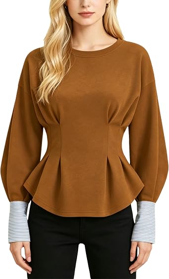 Bozanly Womens Cinch Waist Peplum Sweatshirt Crew Neck Balloon Sleeve Babydoll Pullover Tops