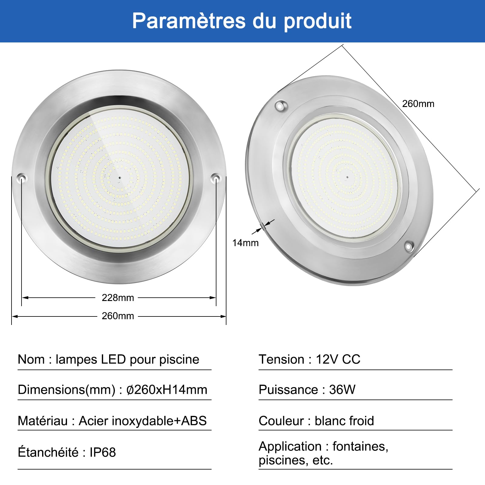 COOLWEST Projecteur Piscine LED Remplie de Résine, 36W Lampe Piscine Extra-Plats, Blanc Froid LED Spot Piscine en Acier Inoxydable, IP68 étanche, 12V DC, Montage en Surface, 6000K