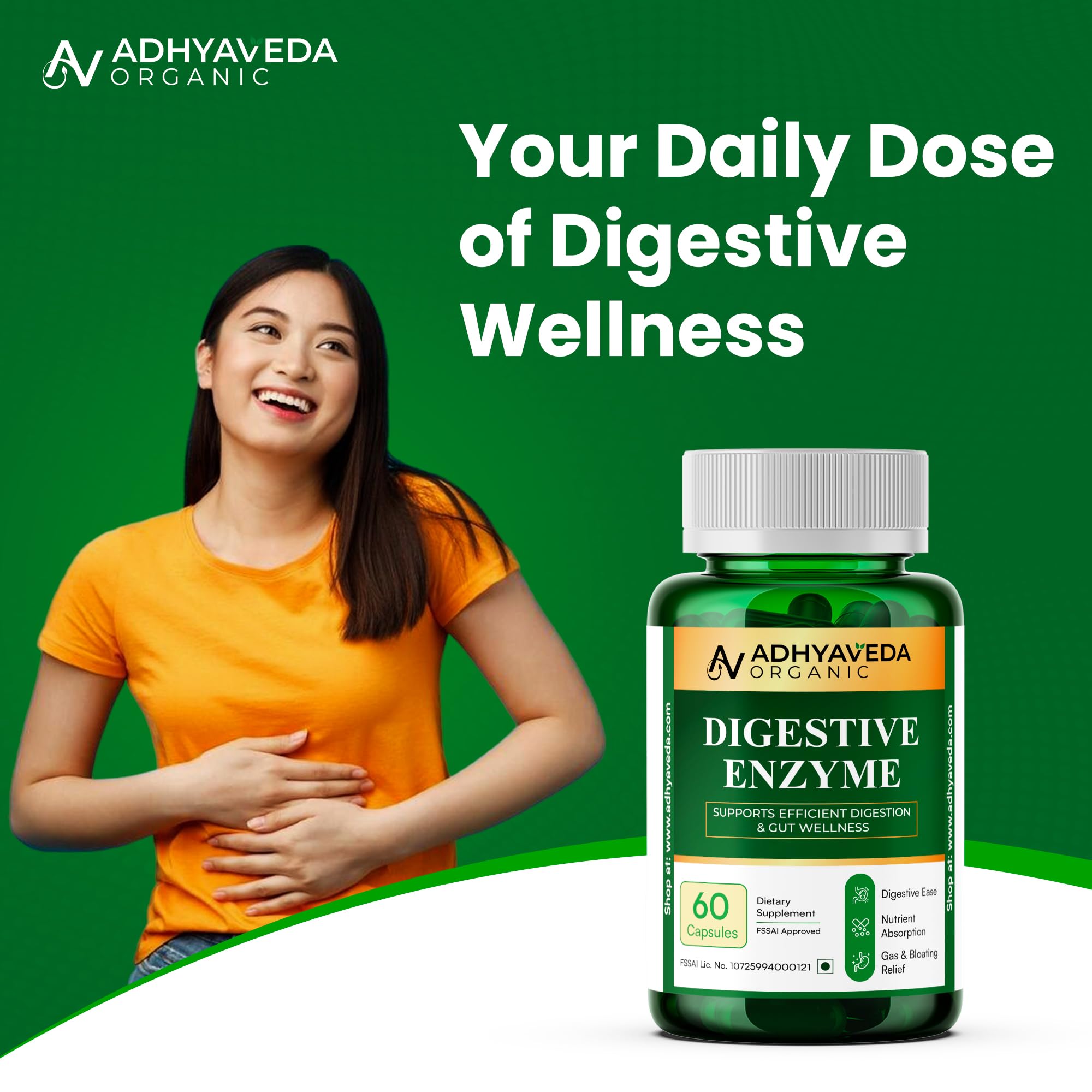 Adhyaveda Digestive Enzyme Capsules for Gut Health & Digestion Support | Papain, Bromelain, Amylase, Protease, Lactase & Cellulase Enzymes | Helps Relieve Bloating, Indigestion & Gas | Vegan, Non-GMO | 60 Capsules 3