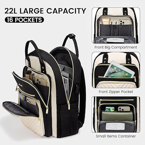 Miniatura 3 de LOVEVOOK Mochila para laptop para mujer, mochila de trabajo de moda con puerto USB, mochilas impermeables para el trabajo., negro, beige
