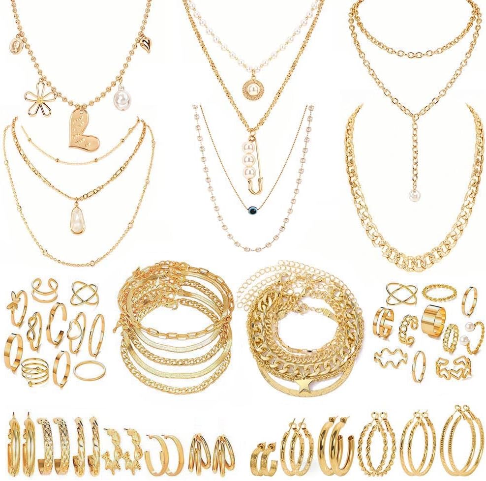 Stocking Stuffers Gold plate and Silver Plated Jewelry Sets Stocking Stuffers for Women Costume Jewelry Chain Necklace Bracelet Earrings and Rings Sets for Women Bulk Jewelry