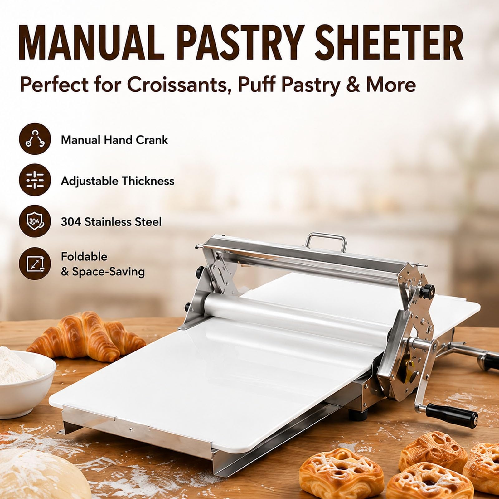 Laminadora Plegable para Masa, Laminadora Manual para Croissant y Masa Hojaldrada, Equipo para Panadería y Repostería Profesional(Commercial Bakery)