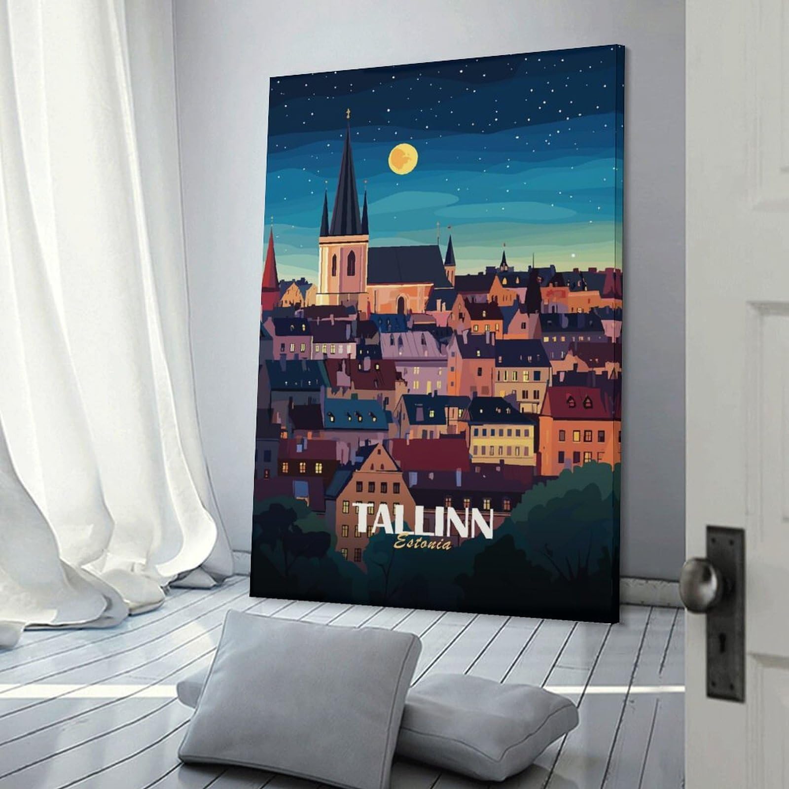 Junmoney Tallinn, Estonia Cityscape at Night Room Decor Wall Art 20x30inch(50x75cm), for Bedroom, Guest Room Or Reading Nook, An Easy Wall Refresh for Bedrooms