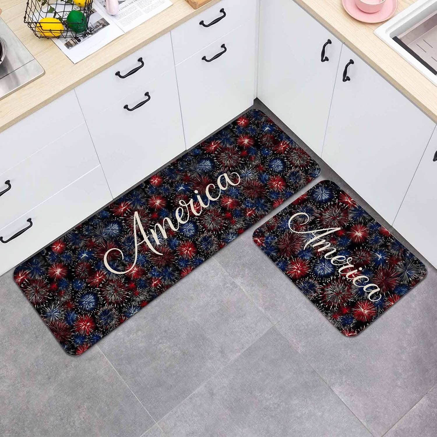 Prime Leader Independence Day Kitchen Mat Set 2 Pieces America Letter Print Fantasy Colorful Firework Non Slip Kitchen Rugs Washable Runner Rug Mats for Sink Laundry (19.7" x 31.5"+19.7" x 47.2")