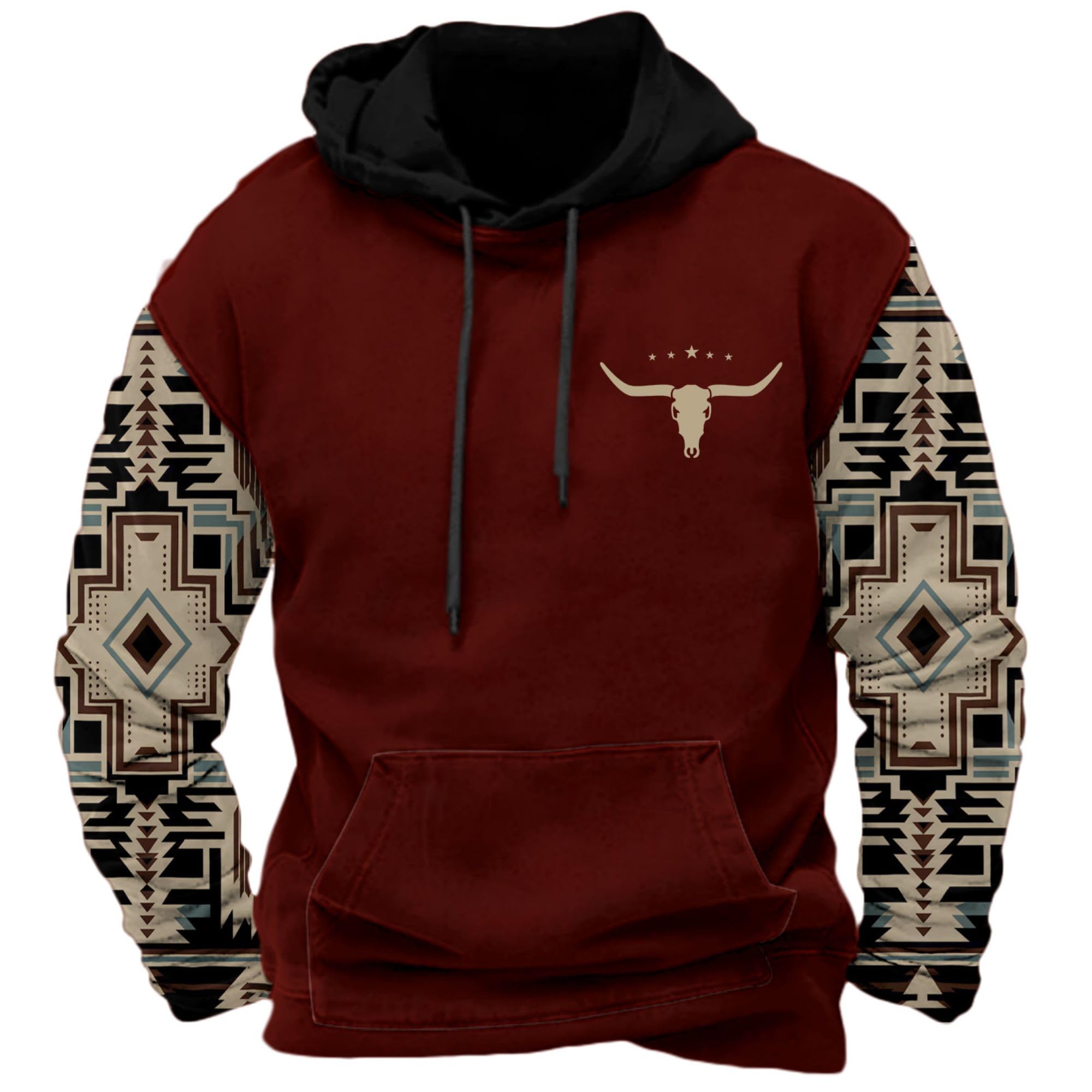 DMOYALA Men's Aztec Cow Skull Hoodie Western Sweatshirt with Hood Vintage Ethnic Tribal Graphic Patchwork Pullvoer
