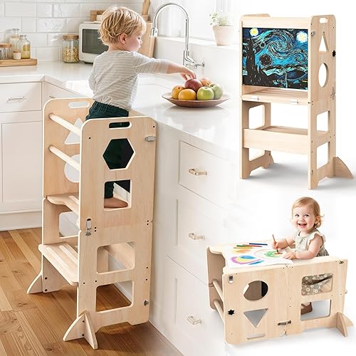 4-in-1 Toddler Kitchen Step Stool, Foldable Learning Standing Tower with