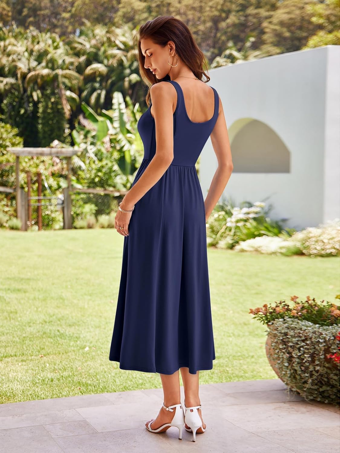 Sureple Midi Dresses for Women 2026 Spring Square Neck Tank Sleeveless A Line Casual Summer Sundresses with Pockets