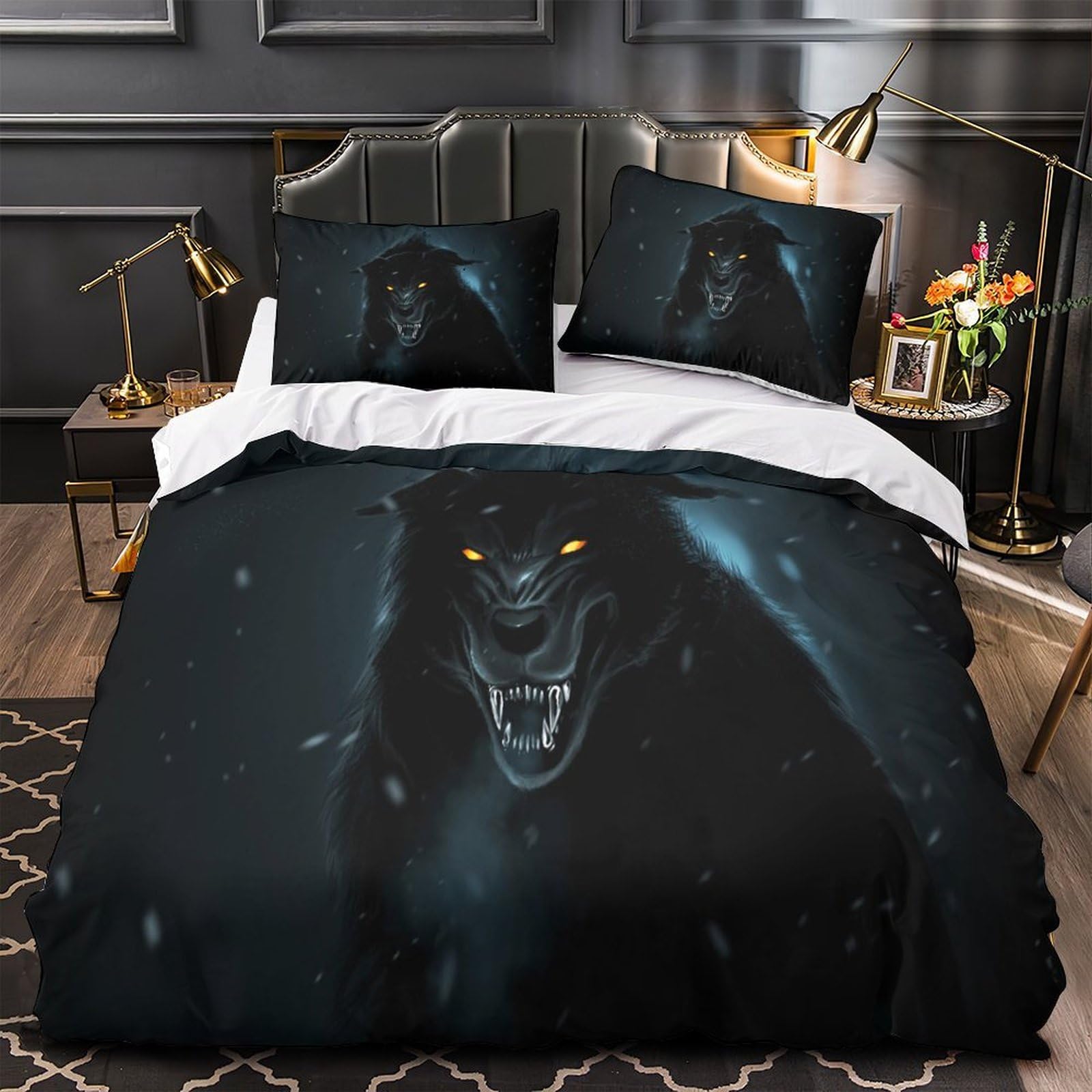 Housse de couette loup 3D lit simple 140x200cm pour créer une ambiance horreur fantastique ado