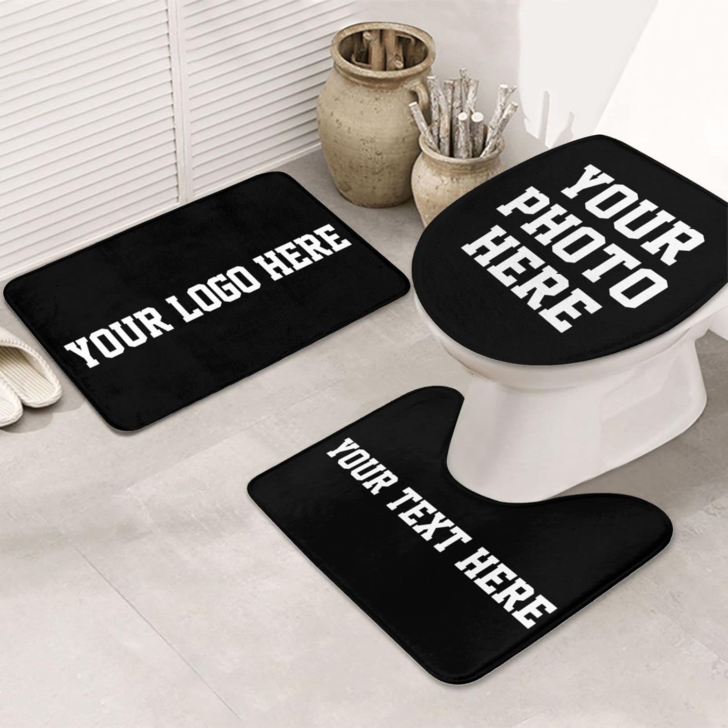 Personalized Bathroom Rugs Sets 3 Piece, Includes U-Shaped Contour Toilet Mat, Custom Bath Rug Design Your Photo Logo Text Non-Slip Bath Mat Set 31.5 X 20 in
