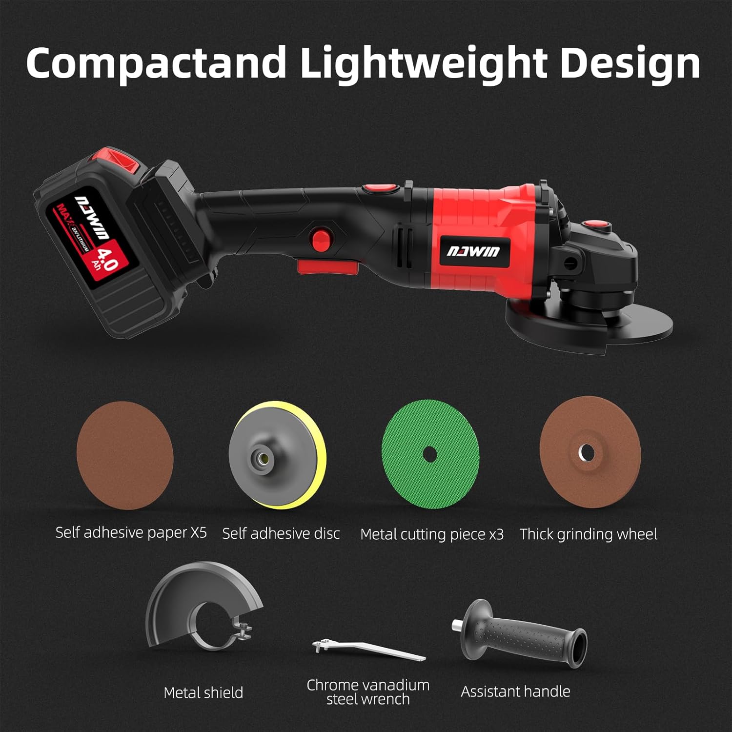 NAWIN Cordless Angle Grinder, 4-1/2 Inch Variable Speed Angle Grinder, Cordless Grinder With Battery And Charger, 9000rpm Brushless Motor, Battery Angle Grinder Tool For Metal Wood (4.0Ah Battery)