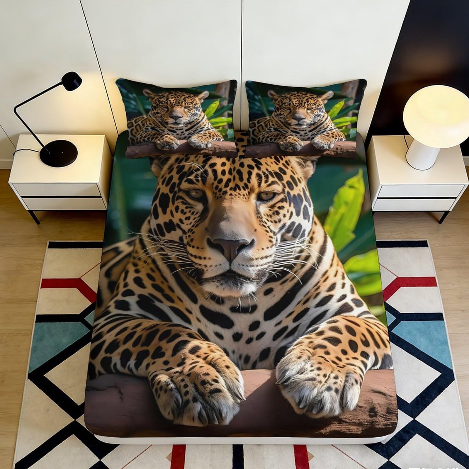 3D Printed Leopard Animal Fitted Sheet Microfiber Soft Durable Jaguar Bed Cover for Bedroom Dormitory Guest Room Mattress Protection Decor 180x200x25cm