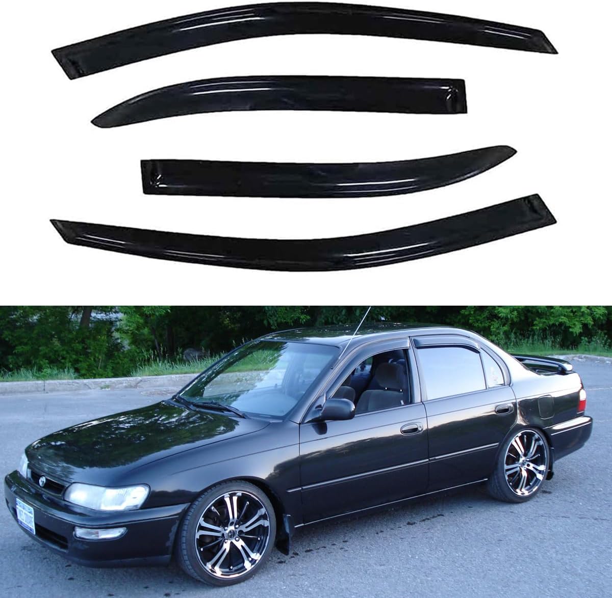 Original 4pcs Vent Window Wind Deflector Compatible with 1993-1997 Toyota Corolla Sedan, Out-Channel Dark Smoke Sun Snow Rain Guard Shades, Sunproof Tape on Side Window Visor 94022