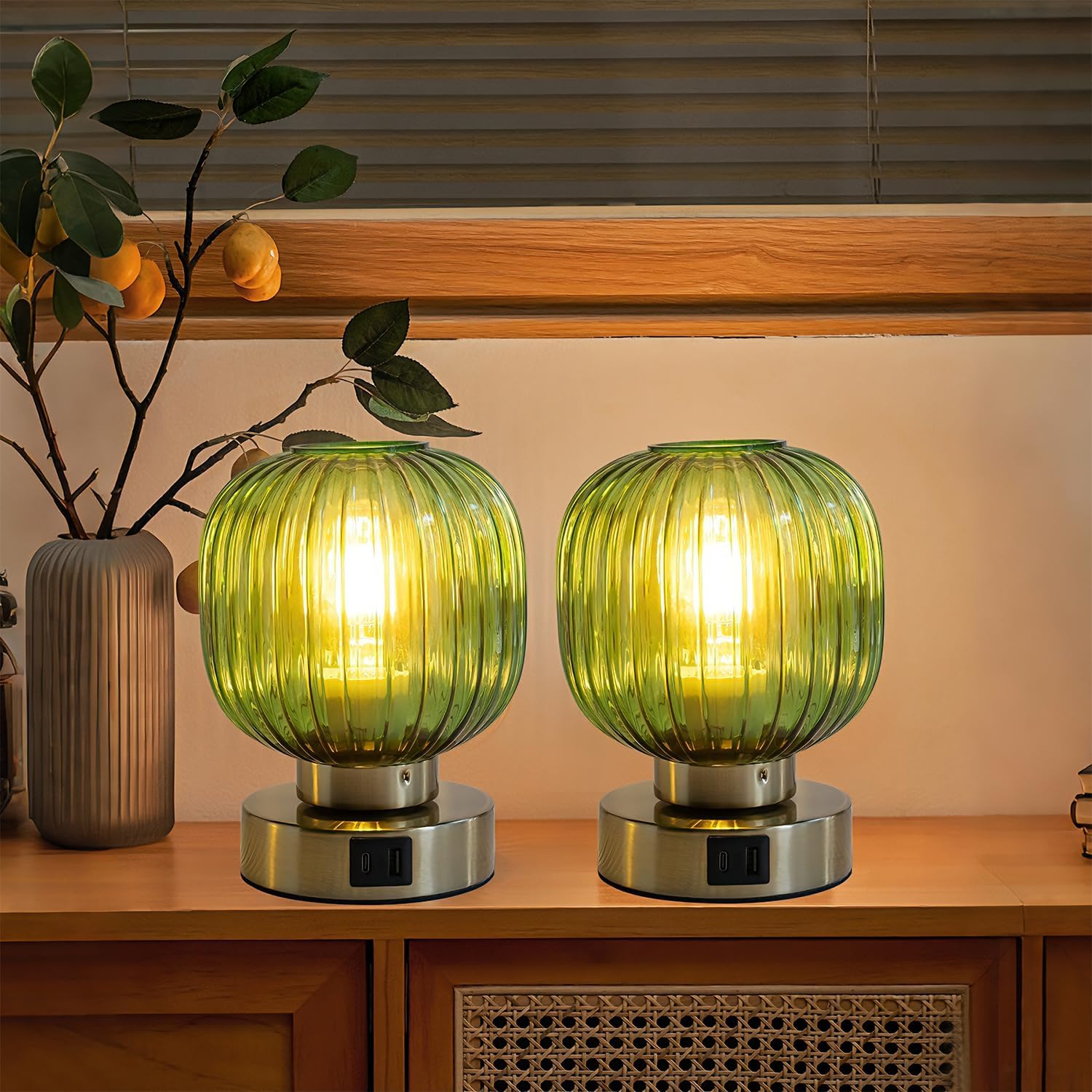 Touch Control Small Table Lamp Set of 2, Elegant Green Glass Bedside Lamp 3 Way Dimmable with USB C+A Charging Ports - Bedroom Nightstand & Living Room Essential, 4W Bulb Included