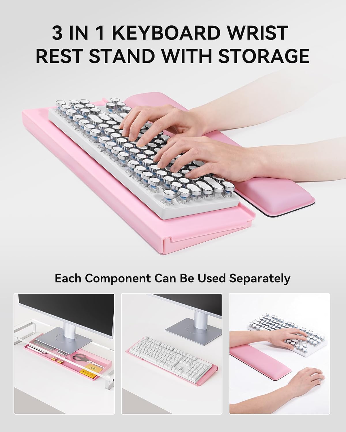 Laborio Computer Keyboard Stand with Storage Box, Keyboard Riser Wrist Rest for Desktop, Office Desk Organizer Accessories(Pink)