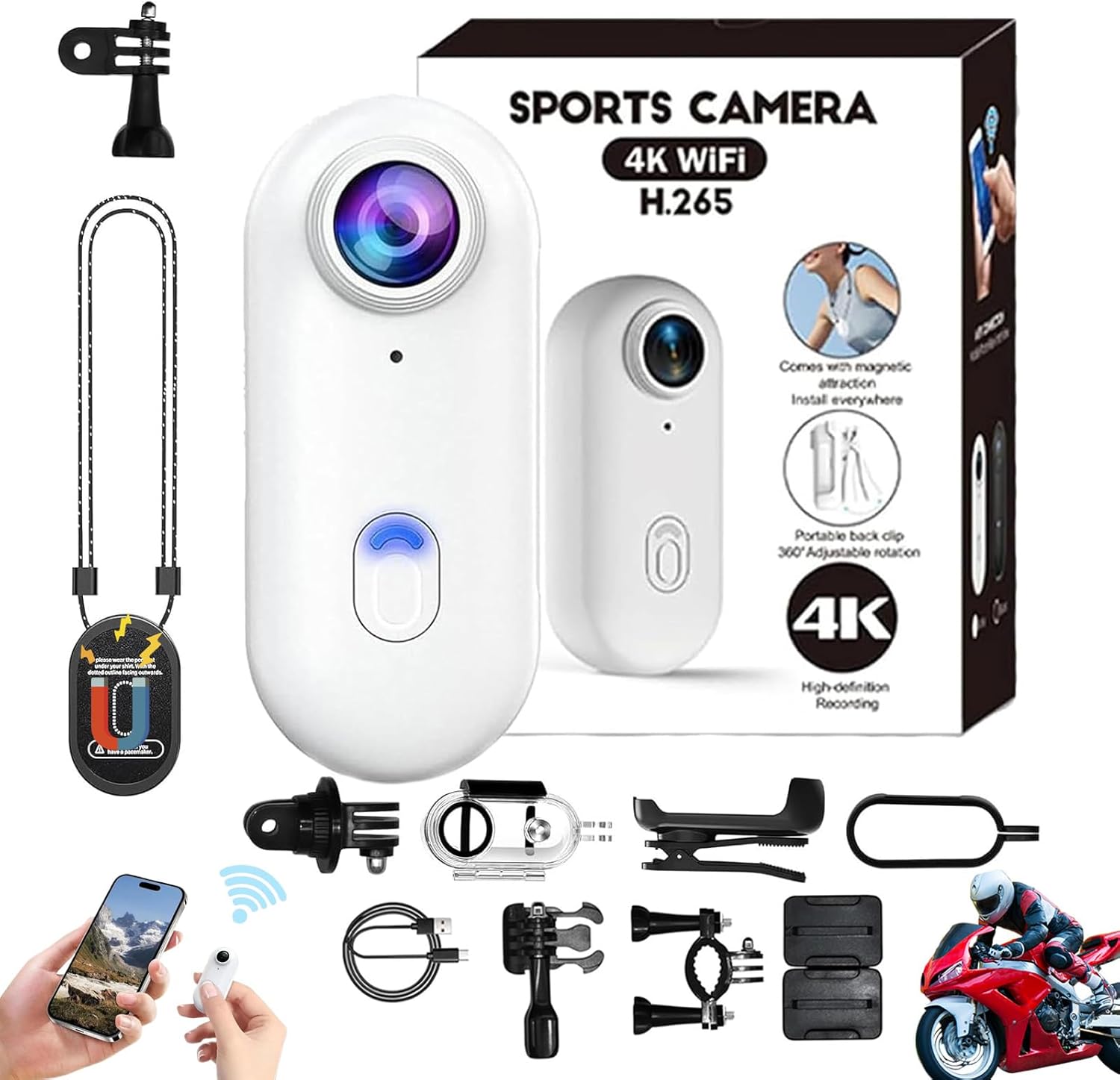 Mini 120° 4k Camera for Recording, HD 1080p/4k Mini POV Pro Body Camera, Wearable Adventure Action Body Cam with Audio Video, Thumb Sports Cameras, for Vlogging Cycling Diving (White, 4K)