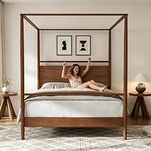 Queen Size Wood Canopy Bed Frame, Walnut Vintage Four-Posters Frames | Platform Bed with Headboard, 10-Slat Support Wooden Post Beds, 8" Under Bed Storage, Easy Assembly