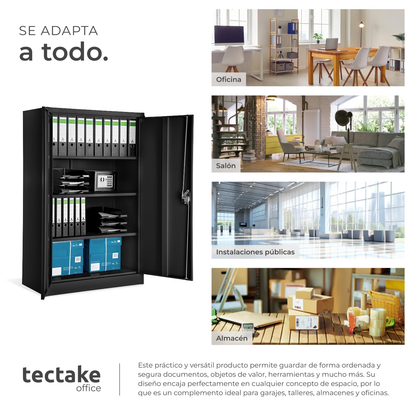 tectake® Armario Archivador, Cierre De Seguridad, 4 Alturas, Cajones Ajustables, Mueble Oficina, Acero, Puertas Reforzadas, Limpieza Sencilla, Candado De Seguridad - 140x40x90cm Negro