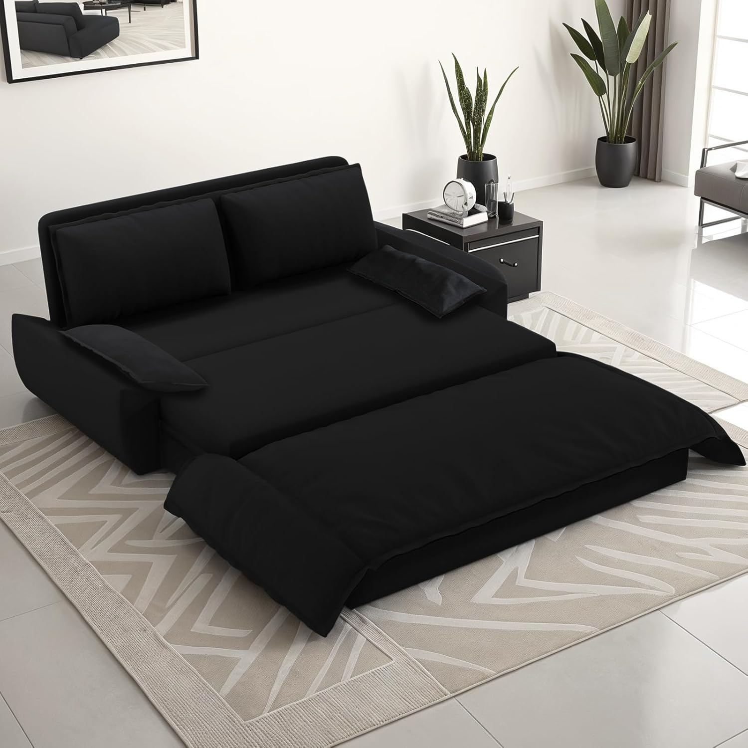 3 in 1 Convertible Sleeper Couch, Queen Full Size Loveseat Pull Out Sofa Bed, Futon Velvet Lounge Sofa with Pillows for Living Room, Bedroom, Apartment, Office, Black