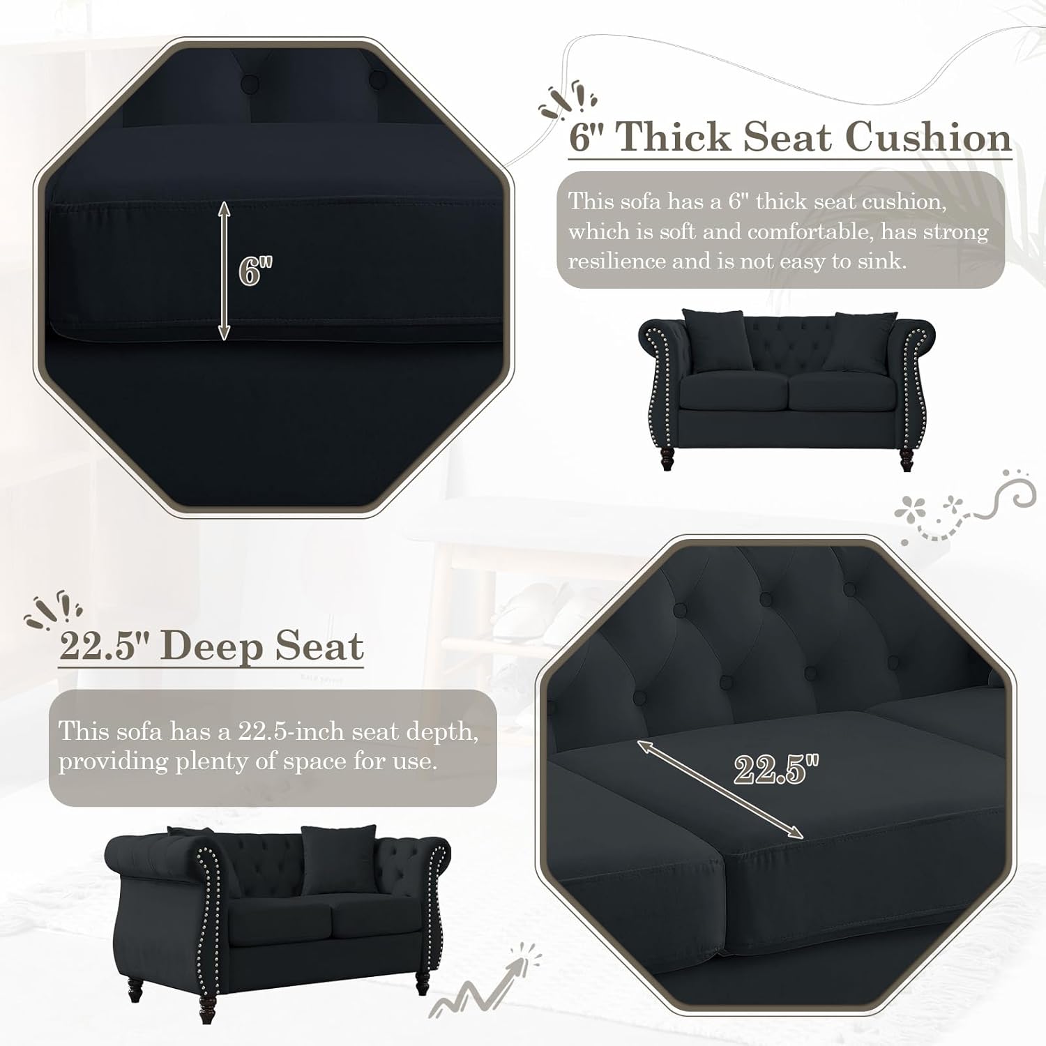JEEOHEY Chesterfield Sofa,58" Button Tufted Velvet Couch with Rolled Arms&Nailhead Trim,Comfy 2 Seater Loveseat Sofa,Oversize Mid Century Modern Couch for Living Room,Bedroom,Apartment,Office(Black)