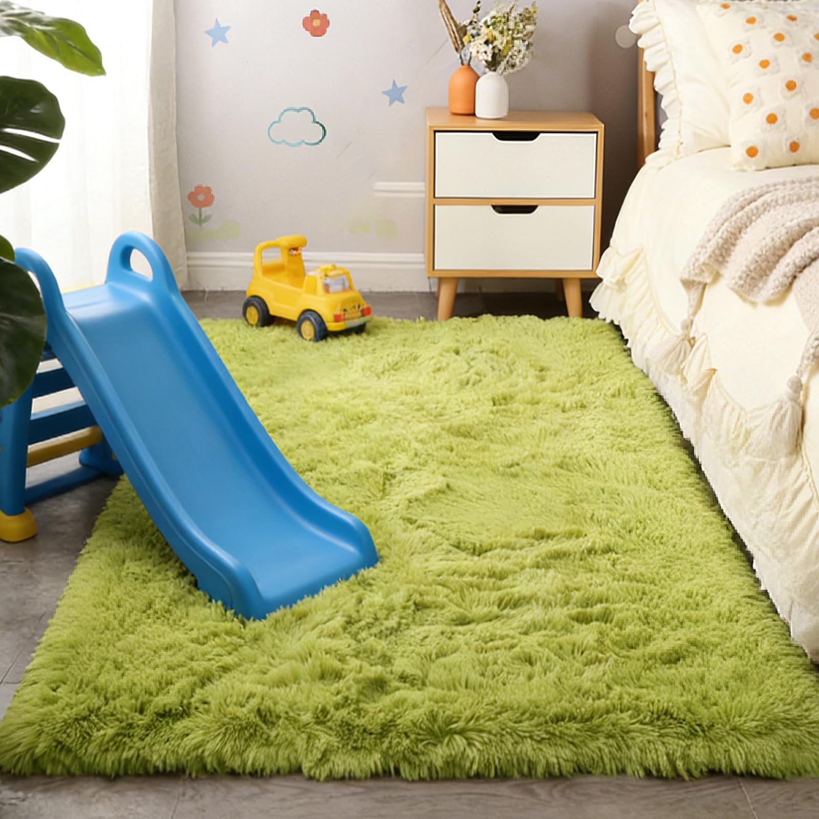 Tapis salon lavable 140x310 cm fruit vert et doux aspect fourrure