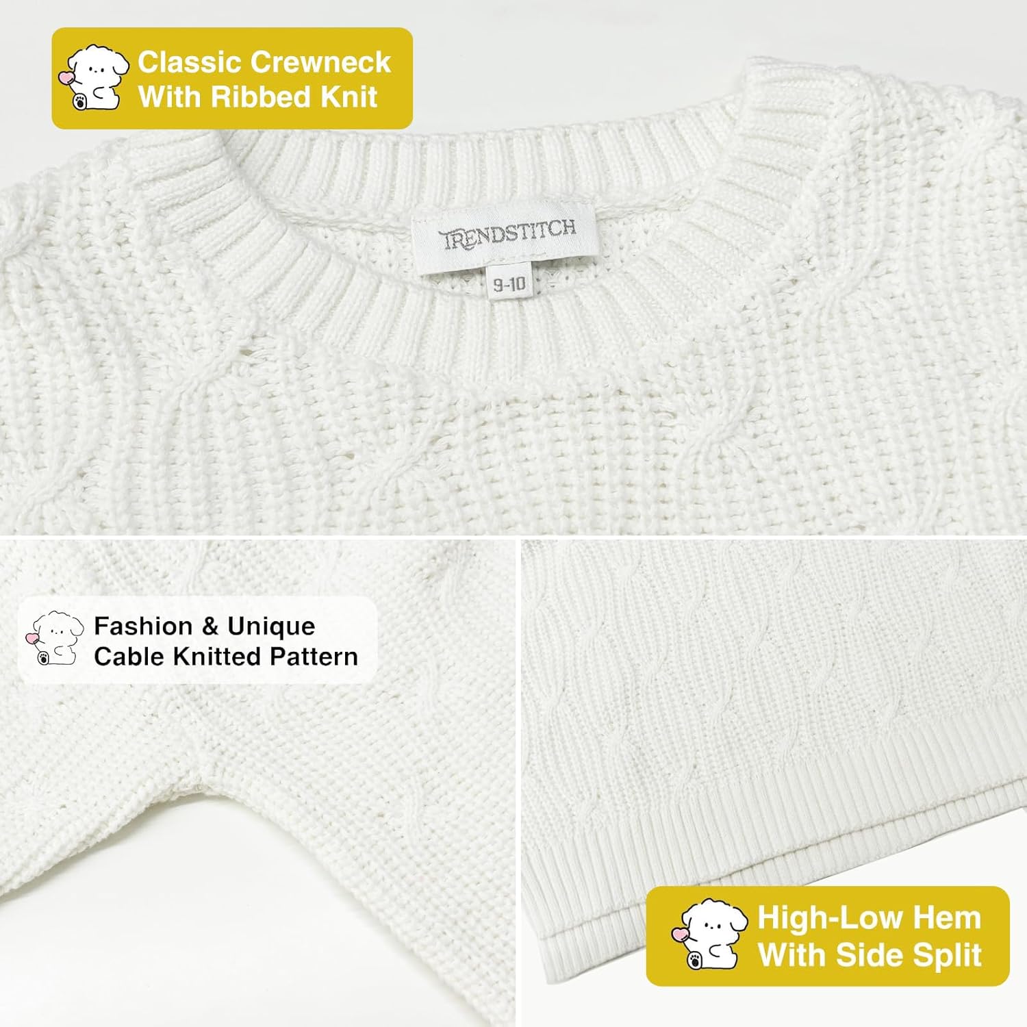 Girls Sweaters Crewneck Long Sleeve Pullover Jumper Cotton Fall Chunky Fancy Cable Knit Sweater with Side Slit - Image 5