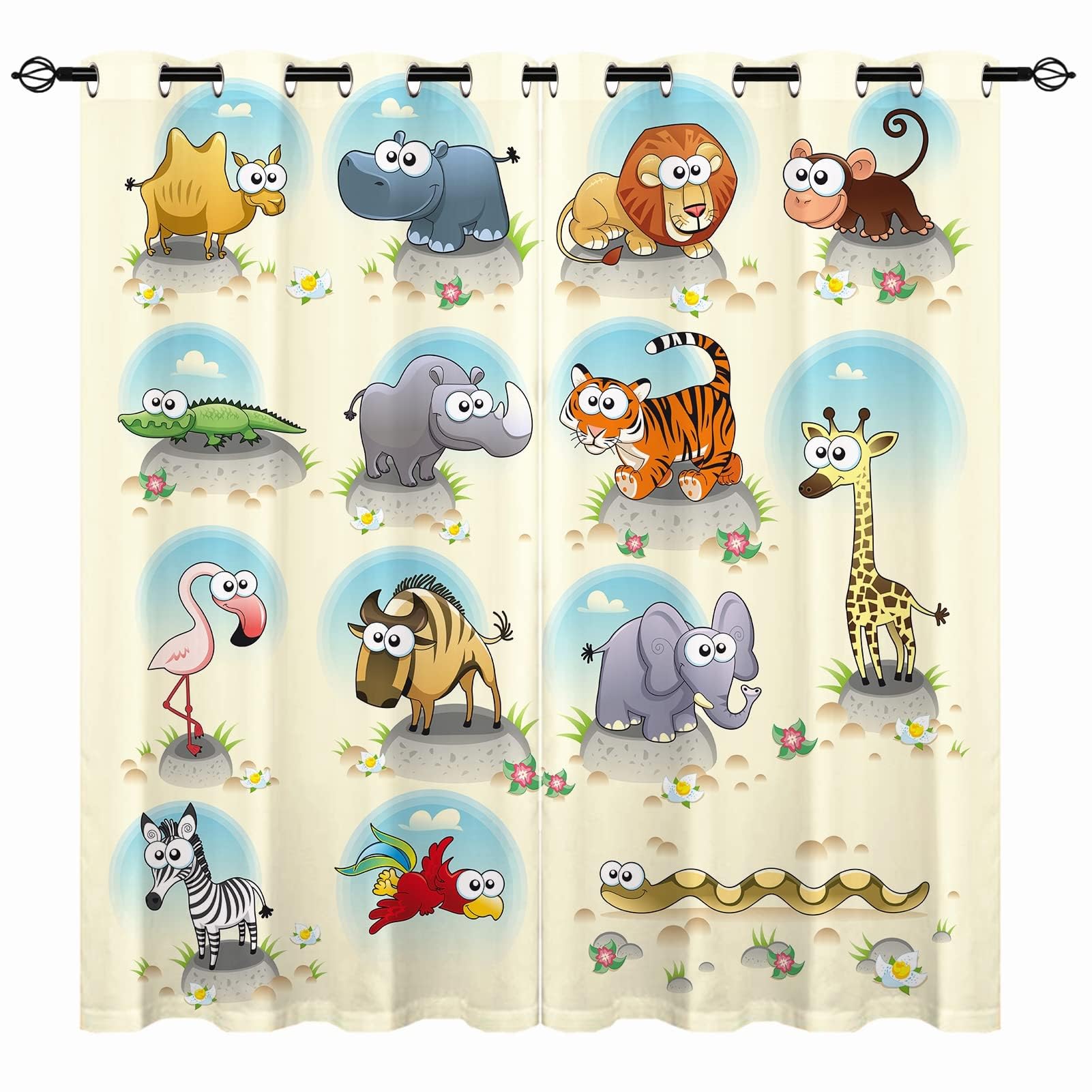 YUANZU Animal Curtains - Kids Cartoon Funny Savannah Animals Characters Print Pattern Eyelet Blackout Thermal Room Darkening Window Drapes for Nursery Baby Bedroom Playroom 2 Panels W132cm x D160cm