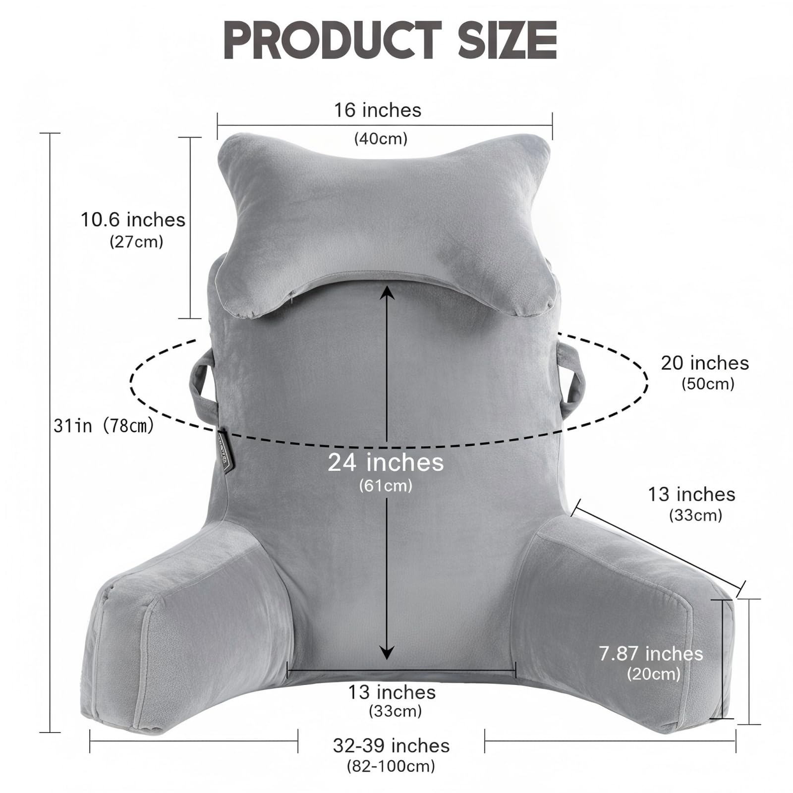 Almohada de Lectura para Adultos con reposabrazos: Suave cojín de Terciopelo Ideal para Leer, Ver la televisión o Jugar, con Bolsillos Laterales y Funda Lavable. (Gris Claro)