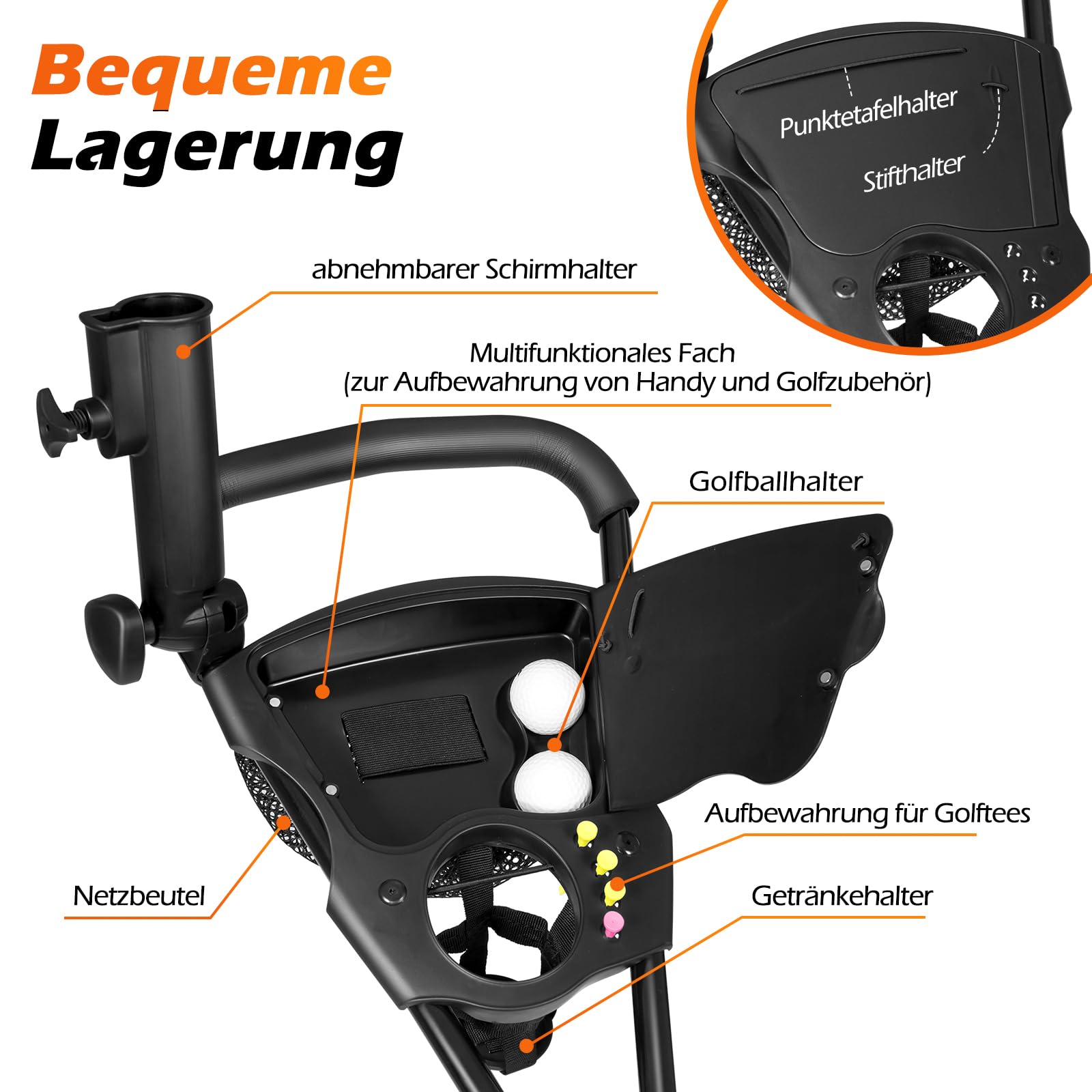 GYMAX Golftrolley faltbar, Golfwagen 3 Rad mit Scorekartenhalter, Getränkehalter & Regenschirmhalter, Golf Push Cart mit verstellbarem Griff aus Eisen, Schwarz