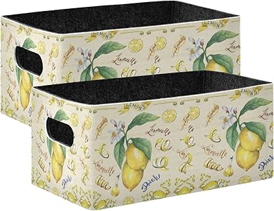Oyihfvs Yellow Fresh Citrus Fruit Lemon with Green Leaves and Flowers 2 PCs Rectangle Foldable Felt Storage Bin, Collapsible Cube with Handles Thick Fabric Box Organizer Clothes Supplies for Home