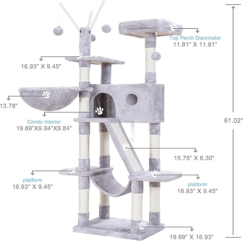 Miniatura 3 de Hey-brother Árbol para gatos, torre para gatos de 61 pulgadas para gatos de interior, casa para gatos con cama de plataforma acolchada, bolas de