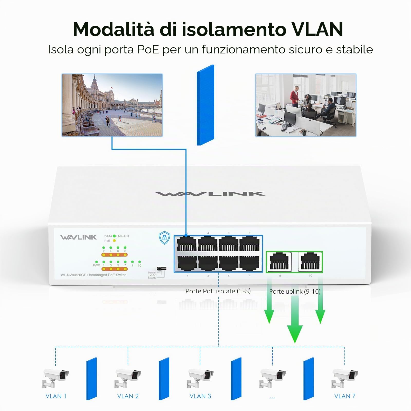 WAVLINK Switch Gigabit Non Gestito a 10 Porte con 8 Porte PoE+ e 2 Uplink, Budget PoE Totale 120W, IEEE 802.3af/at, Modalità VLAN, Default ed Extend, Montaggio a Parete o da Tavolo