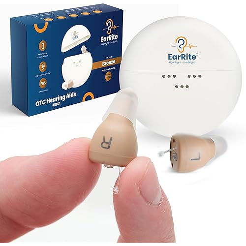 EarRite Rechargeable OTC Hearing Aids for Seniors and Adults, 9 Adjustable Levels of Clarity, Invisible In Ear, Wireless and Digital Hearing Amplifier with Charging Case, Bronze level