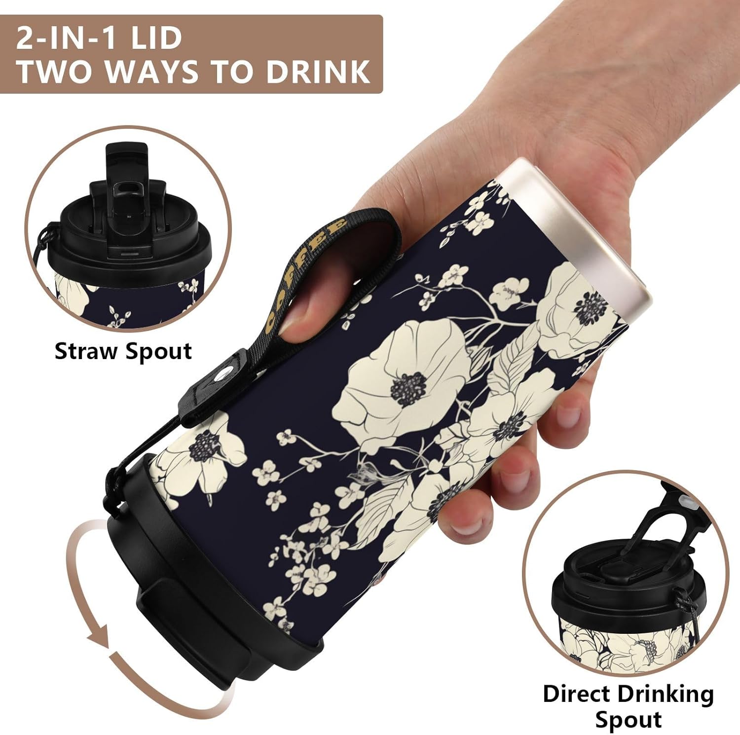 17 oz Insulated Coffee Mug Blue White Floral Print with Straw and Leak Proof Lid Double Wall Water Bottle Stainless Steel Vacuum Thermal Travel Drinking Cup for Hot/Cold Drink - Image 4