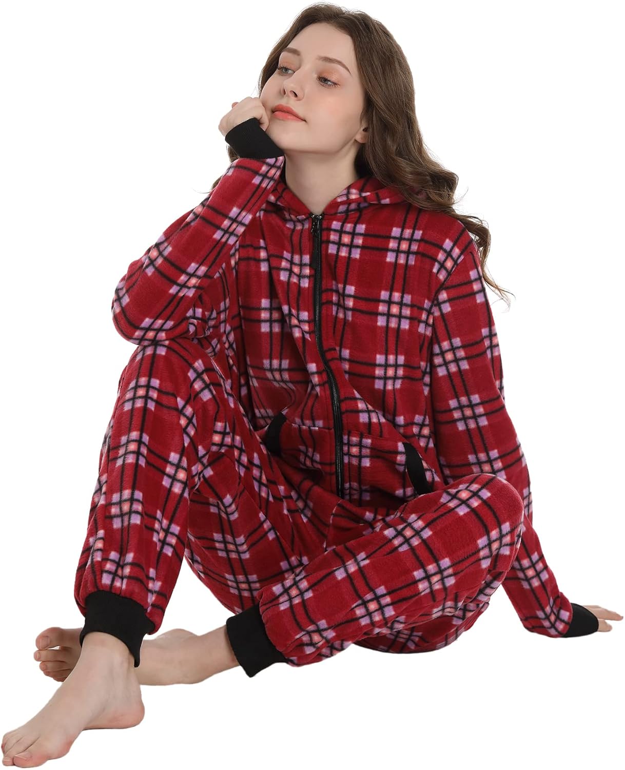 Unisex Check Onesie Christmas Zip Up Matching Onesie Hooded Pajamas One Piece Non-Footed Jumpsuit Adult Teenager - Image 5