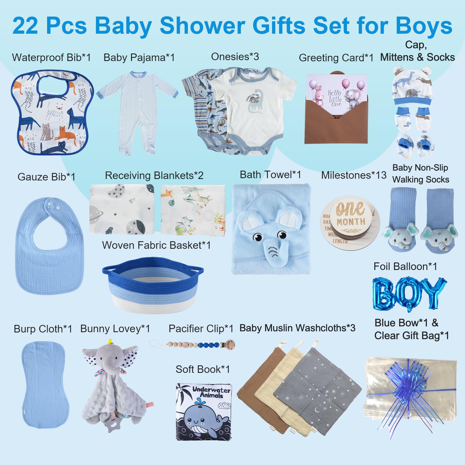 Juego de 22 cestas de regalo para bebé, azul (recién nacido de 0 a 12 meses) | Regalos premium para baby shower para niños: juego esencial para recién nacidos en cesta tejida con globo y lazo