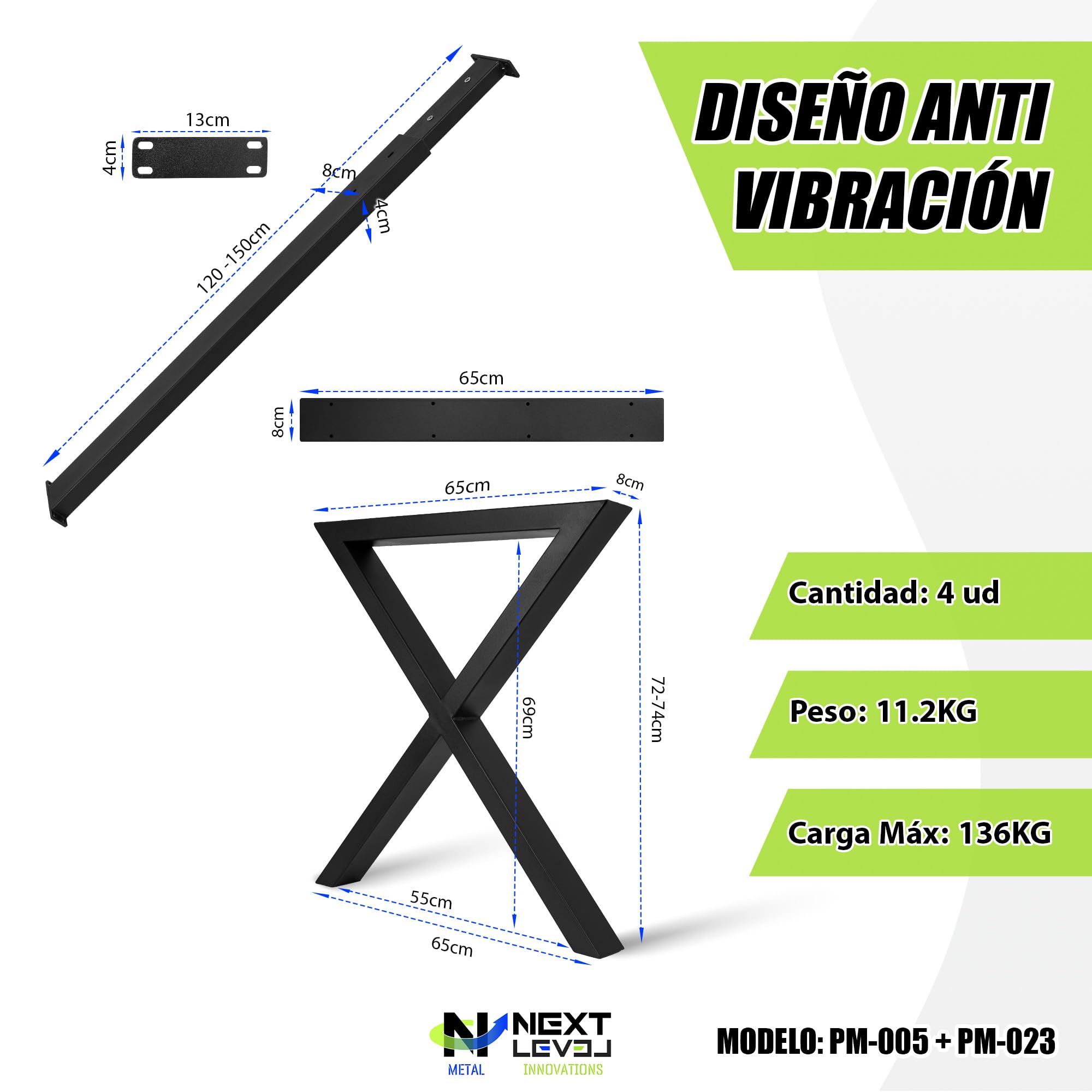 NEXT LEVEL - Patas para Mesas, 65x74cm, Perfil 80x40mm, Incluye Tirantes para la Estabilidad, Compatible con Madera y Cristal y Anchos de 70-100cm, Ideal para Escritorio y Comedor