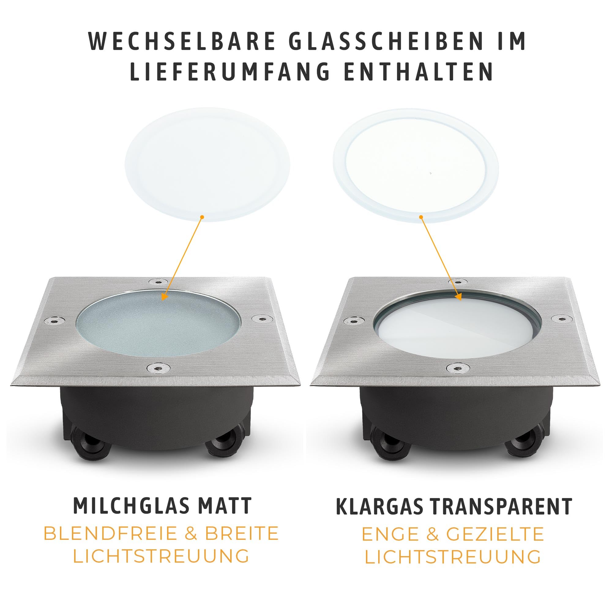 SSC-LUXon 4 Stück VIROK Bodeneinbaustrahler inkl. klarem & milchigem Glas flach IP67 befahrbar – Bodenspot quadratisch GX53 (ohne Leuchtmittel)