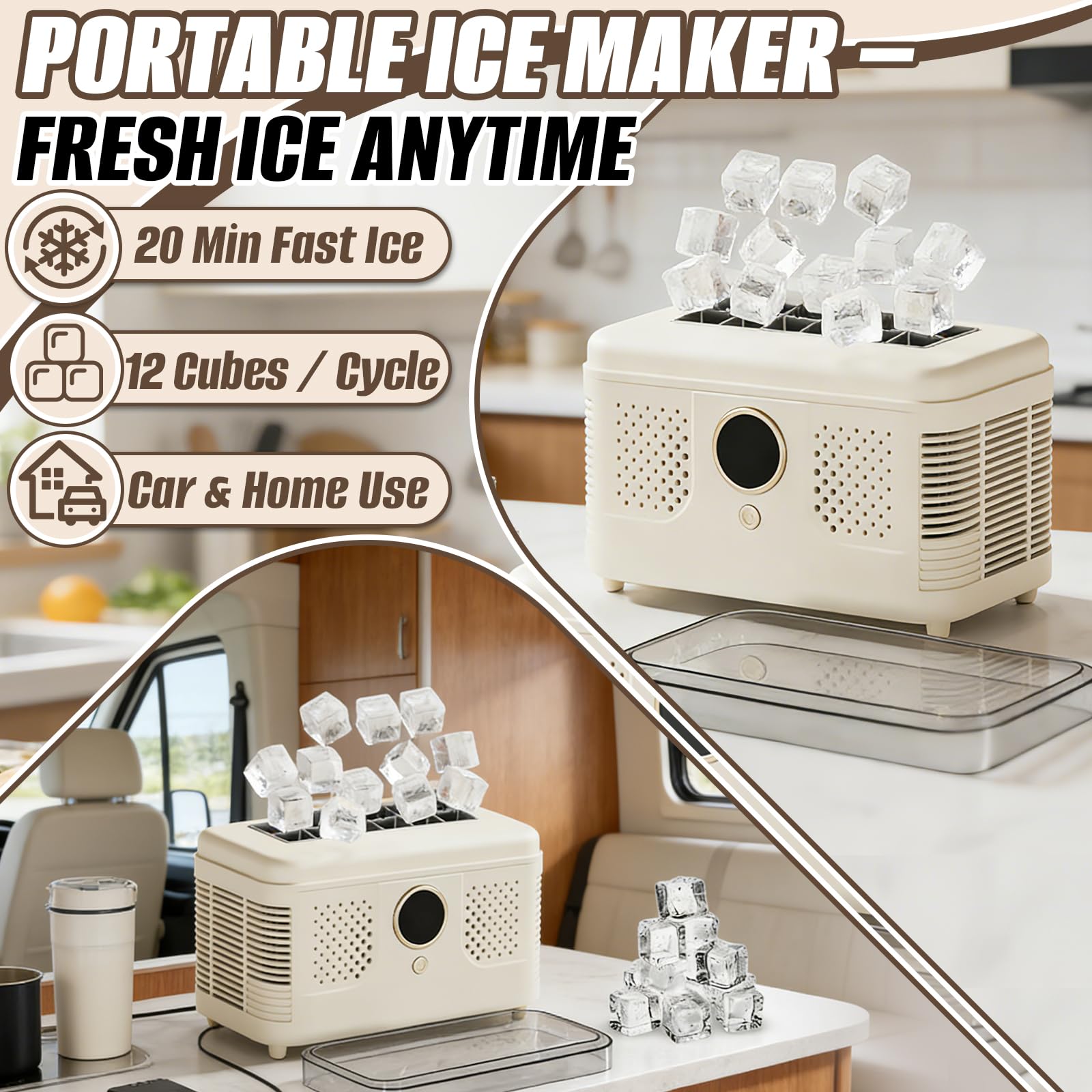 Macchina per il ghiaccio portatile, 12 cubetti per ciclo, ghiaccio veloce in 20 minuti, cubetti vuoti o massicci a scelta, 12 V/220 V, per auto e casa, macchina per ghiaccio compatta per viaggi