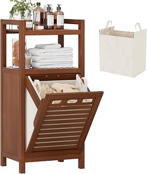 Homykic Bamboo Tilt Out Laundry Hamper Cabinet with Removable Bag, Walnut