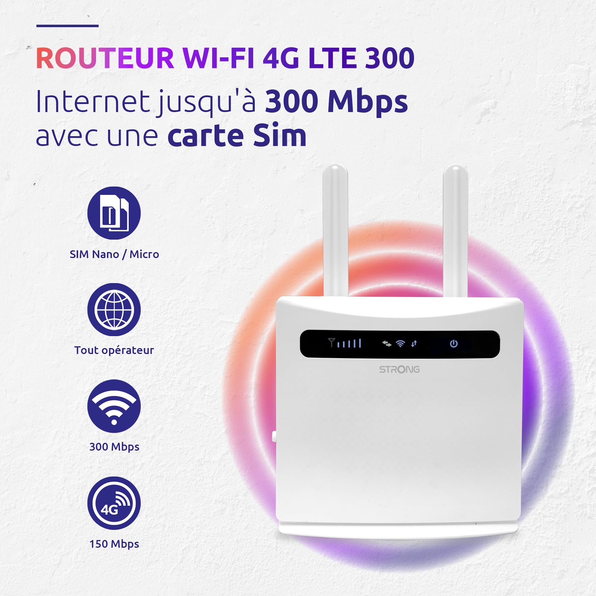 STRONG Routeur 4G LTE Cat 4 150 Mbps|WiFi 300 Mbps|Modem|Hotspot|4 Ports Ethernet|Compatible Tout opérateur et Carte SIM|2 antennes SMA détachables|Garantie 4 Ans