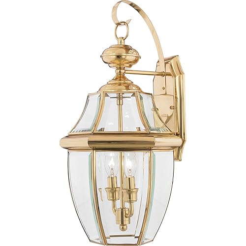 Quoizel NY8317B Newbury Outdoor Wall Lantern Wall Mount Lighting, 2-Light, 120 Watts, Polished Brass (20"H x 11"W)