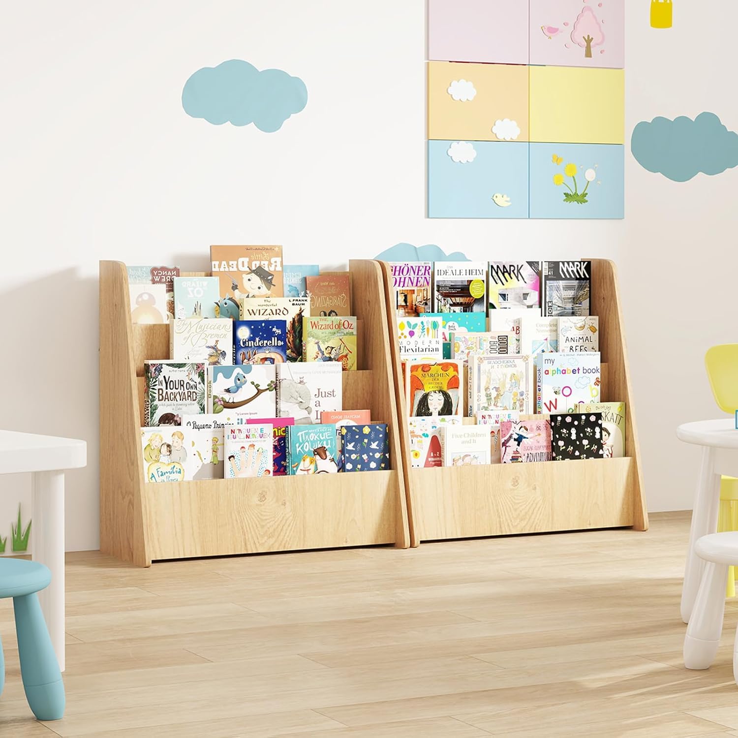 RELAX4LIFE Estantería Libros Infantil con 4 Estantes, Revistero de Madera, Mueble Estantería para Habitación Infantil y Guardería, Almacenaje Juguetes, Organizador Juguetes, 57,5x26,5x59cm (Natural)