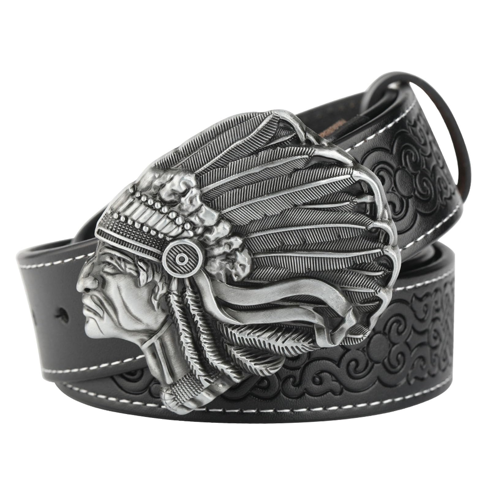 Wrjahcg Unisex Black Cowboy Western Belts For Men, Leather Buckle Belts, Men's Novelty Belt, Native American Head Embossed Leather Belt Smooth Buckle Men's Belt, For Dress Ripped Jeans,,130Cm/51.2''
